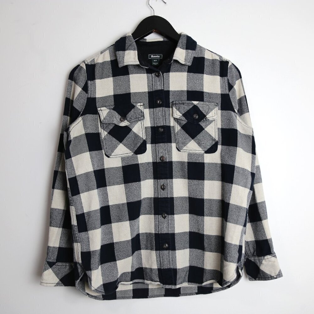 Roots Mens Plaid Elbow Patch Flannel Long Sleeve Shirt Size Small Cream Black